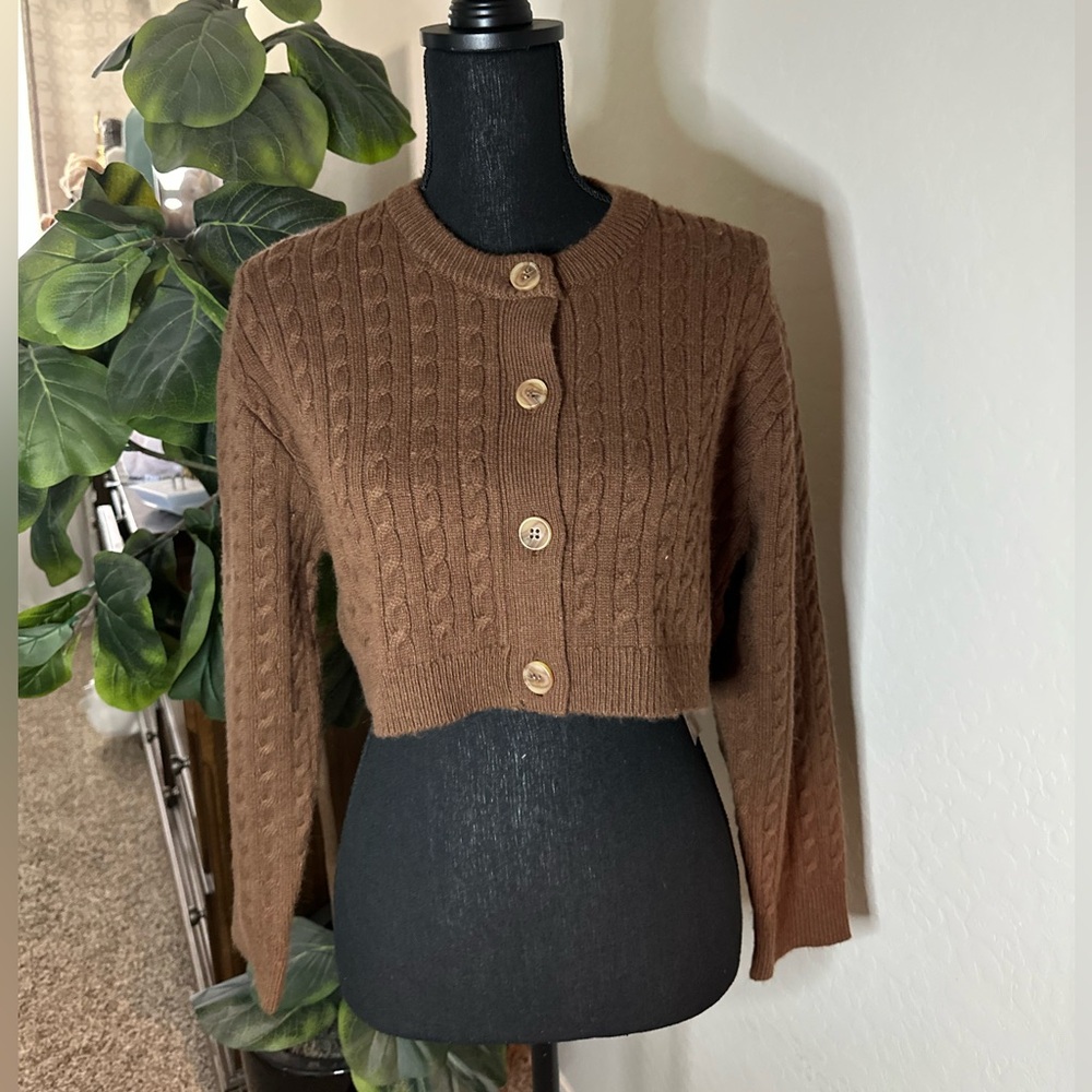 ASTR Dark Brown Crop Knit Button Down Sweater